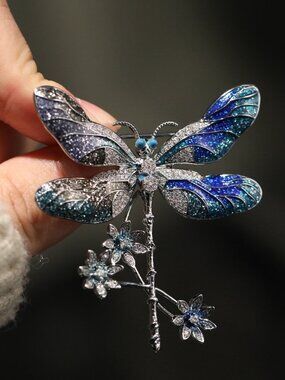 Stunning Blue Enamel Dragonfly Pin | Elegant Zirconia Statement Jewelry